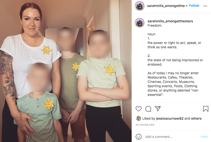Sarah Mills compared lockdown to the Holocaust on Instagram.
