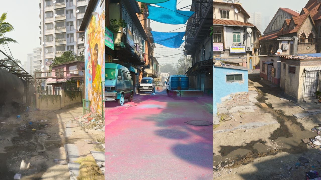A vibrant street-level gameplay screenshot of the Mumbai multiplayer map in Call of Duty: Modern Warfare 4, from the Xbox Games Showcase 2026 hands-on preview.