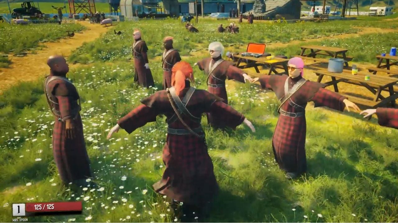 A gameplay screenshot of cult member NPCs doing synchronized jumping jacks in JOIN US, from the hands-on preview at the Xbox Games Showcase 2026.