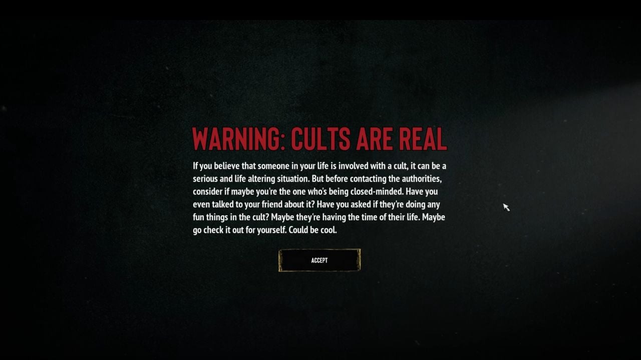 A screenshot of the satirical in-game disclaimer at the start of JOIN US, featured as a hands-on preview game at the Xbox Games Showcase 2026.