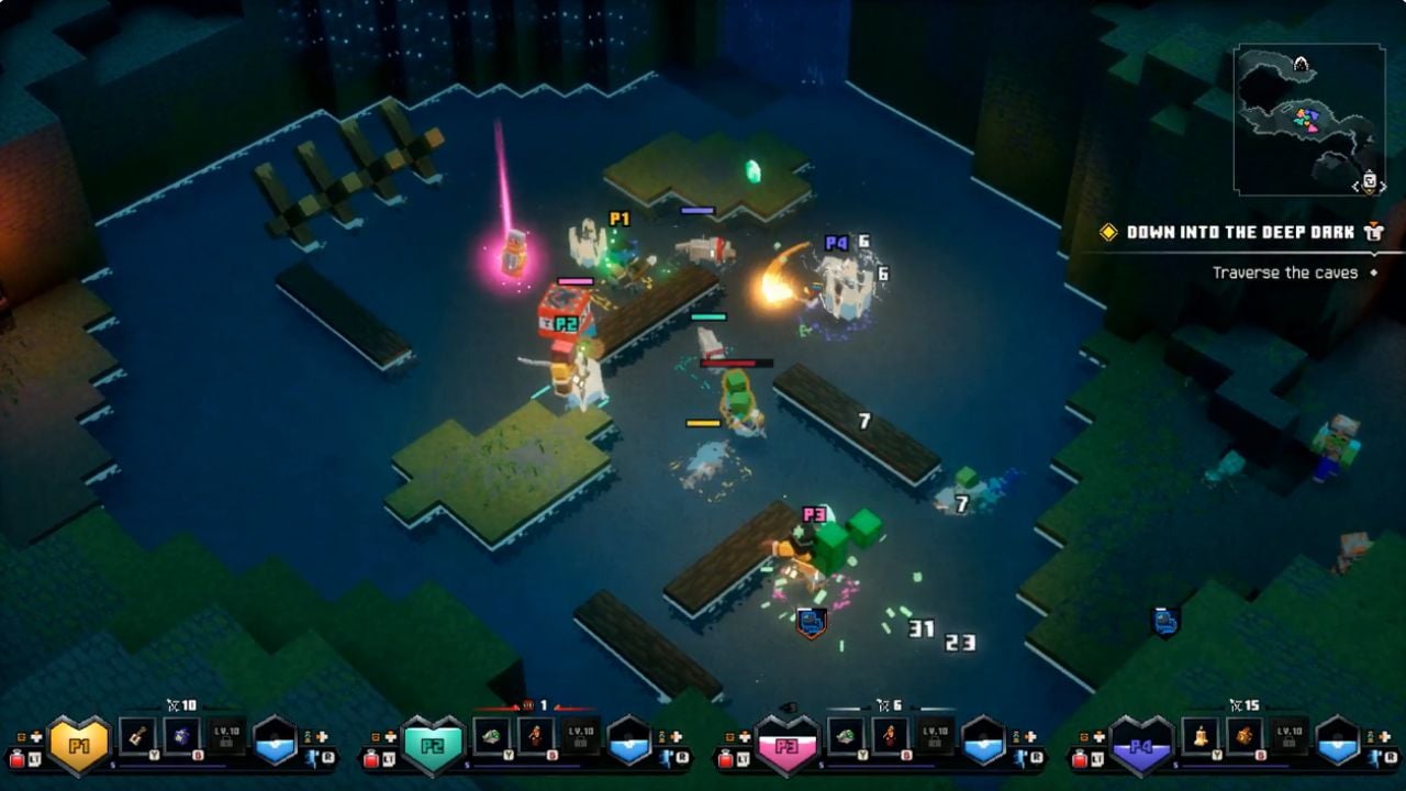 A four-player co-op gameplay screenshot of Minecraft Dungeons II, featured as a hands-on preview game at the Xbox Games Showcase 2026.