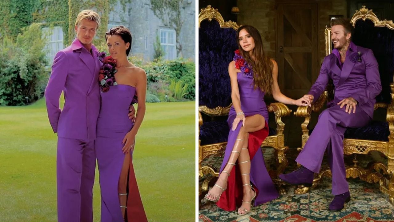 David and Victoria Beckham’s matching purple outfits