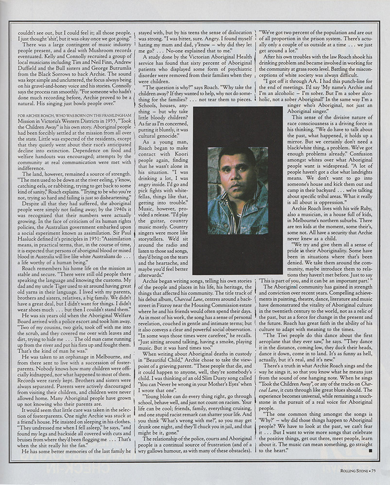 Michael Langslow’s piece on Archie Roach for Rolling Stone in 1990