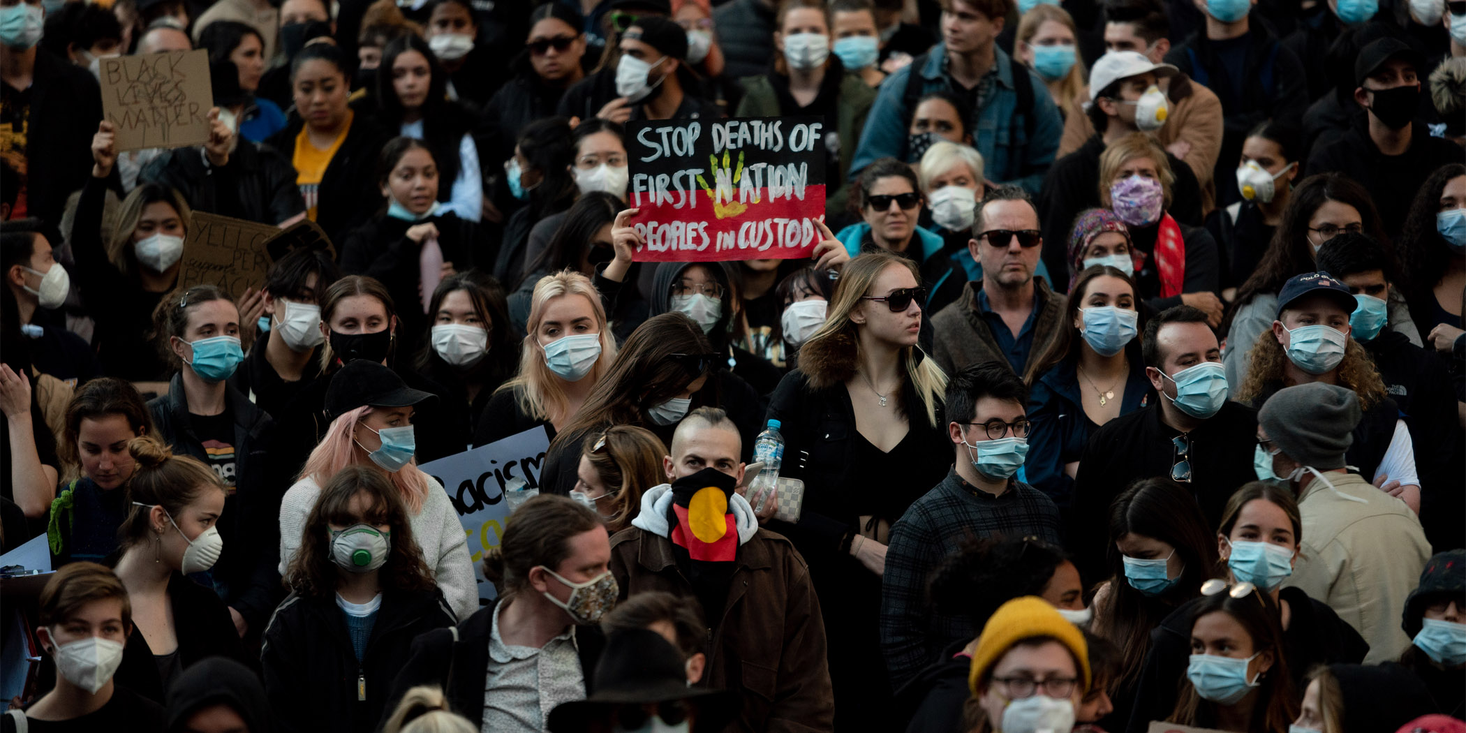 Protesters at the Black Lives Matter rally on Gadigal land (Sydney) last June observed COVID-19 protocols and wore masks.