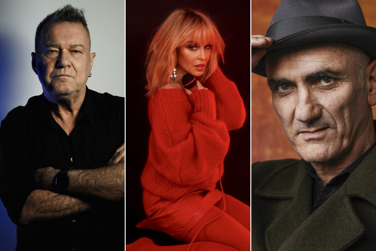 Three panel image of some of Mushroom Records' biggest sellers, including Jimmy Barnes, Kylie Minogue, and Paul Kelly