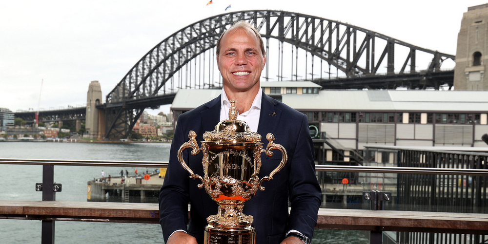 SYDNEY, AUSTRALIA - JANUARY 30: Rugby Australia CEO, Phil Waugh poses with the Webb Ellis Cup during a media opportunity as World Rugby announce the host cities for the 2027 Men's Rugby World Cup at The Theatre Bar on January 30, 2025 in Sydney, Australia. (Photo by Brendon Thorne - World Rugby/World Rugby via Getty Images)