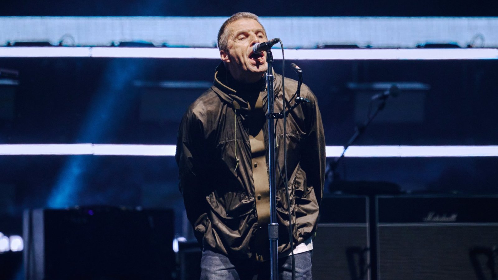 Liam Gallagher on stage in Cardiff