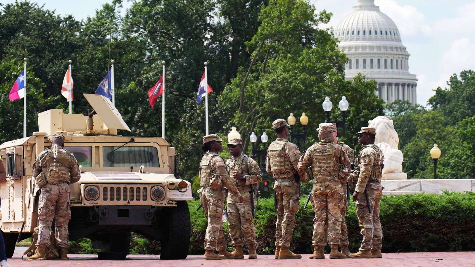 Members of the National Guard stand by at Union Station in Washington, D.C.