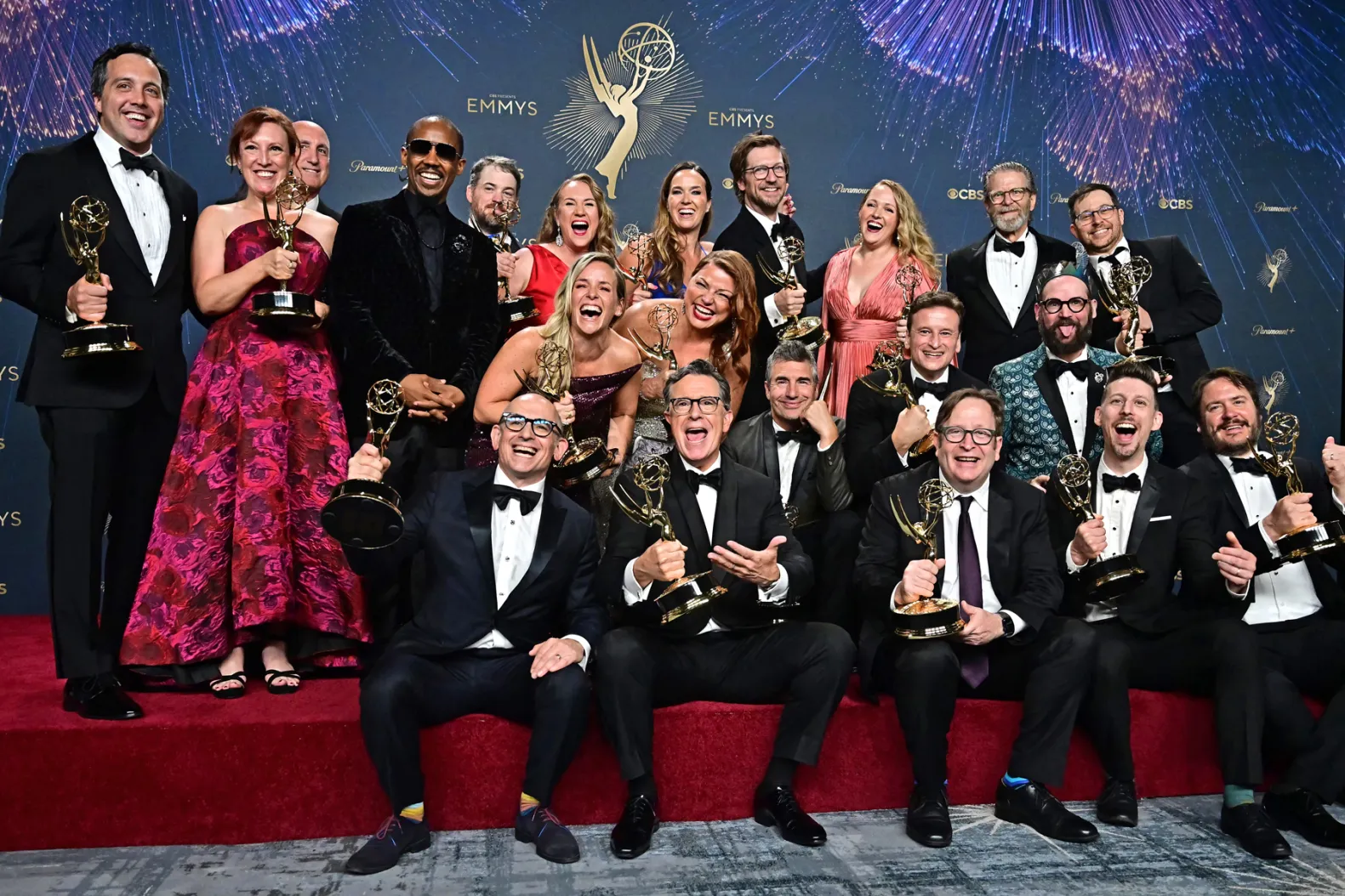 The Late Show with Stephen Colbert team celebrating their long-awaited Emmy win