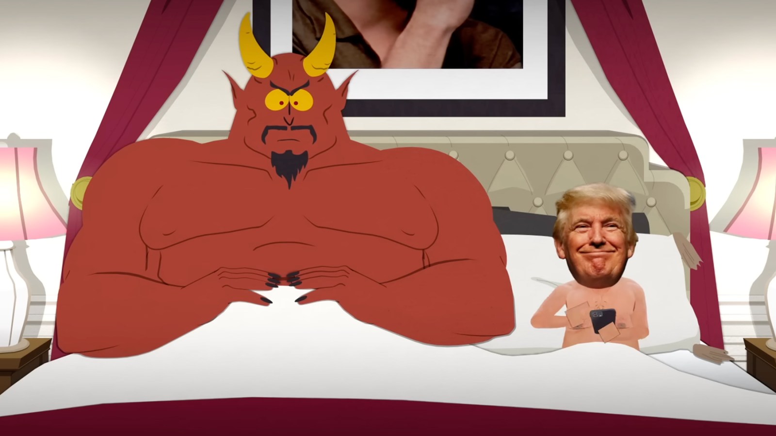 Satan in bed with Donald Trump in an episode of South Park