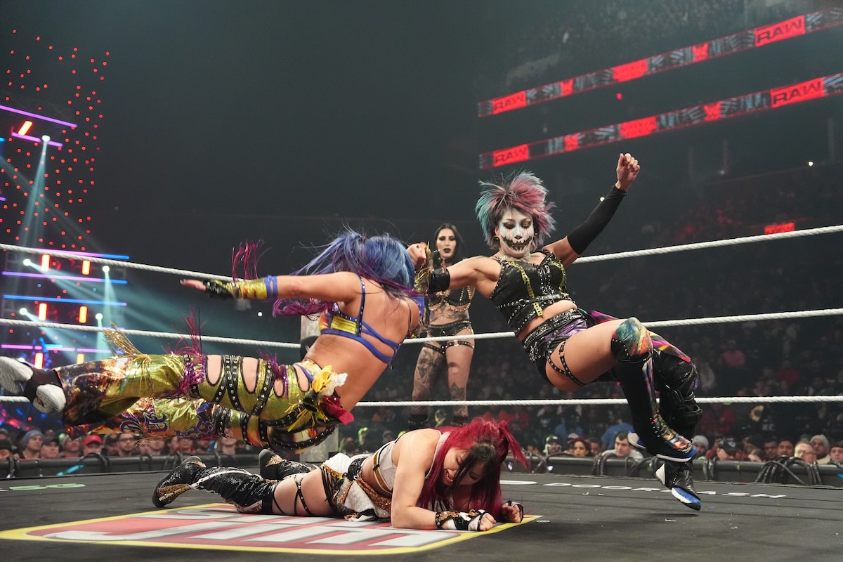 NEW YORK, NEW YORK - JANUARY 5: Kairi Sane, Asuka in action against IYO SKY during Monday Night RAW at Barclays Center on January 5, 2026 in New York, New York. (Photo by Georgiana Dallas/WWE via Getty Images)