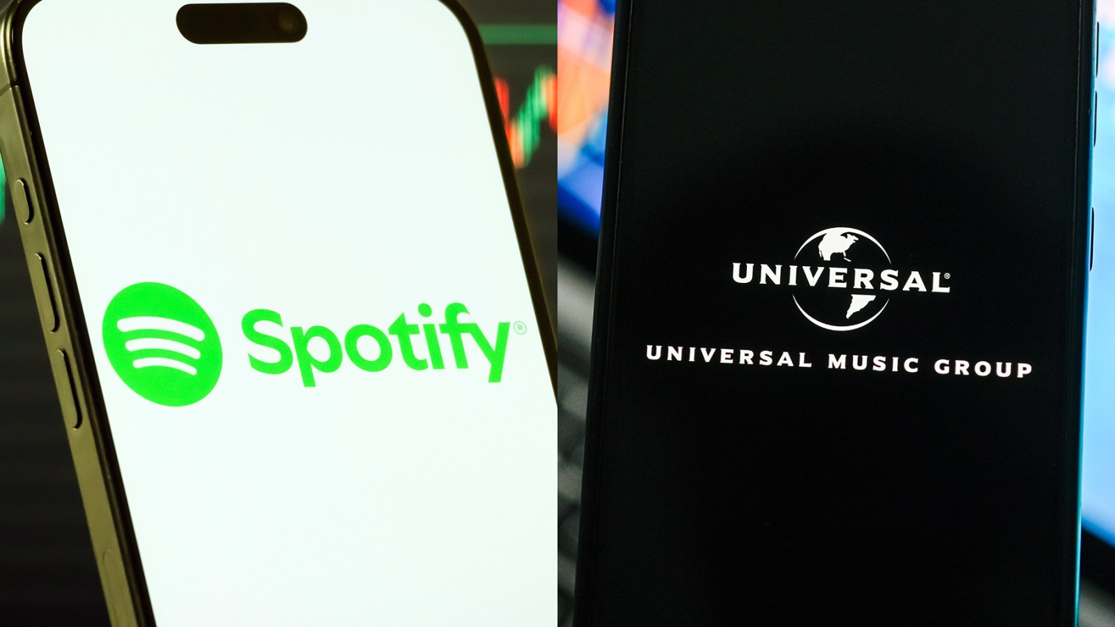 Spotify and Universal logos on phones