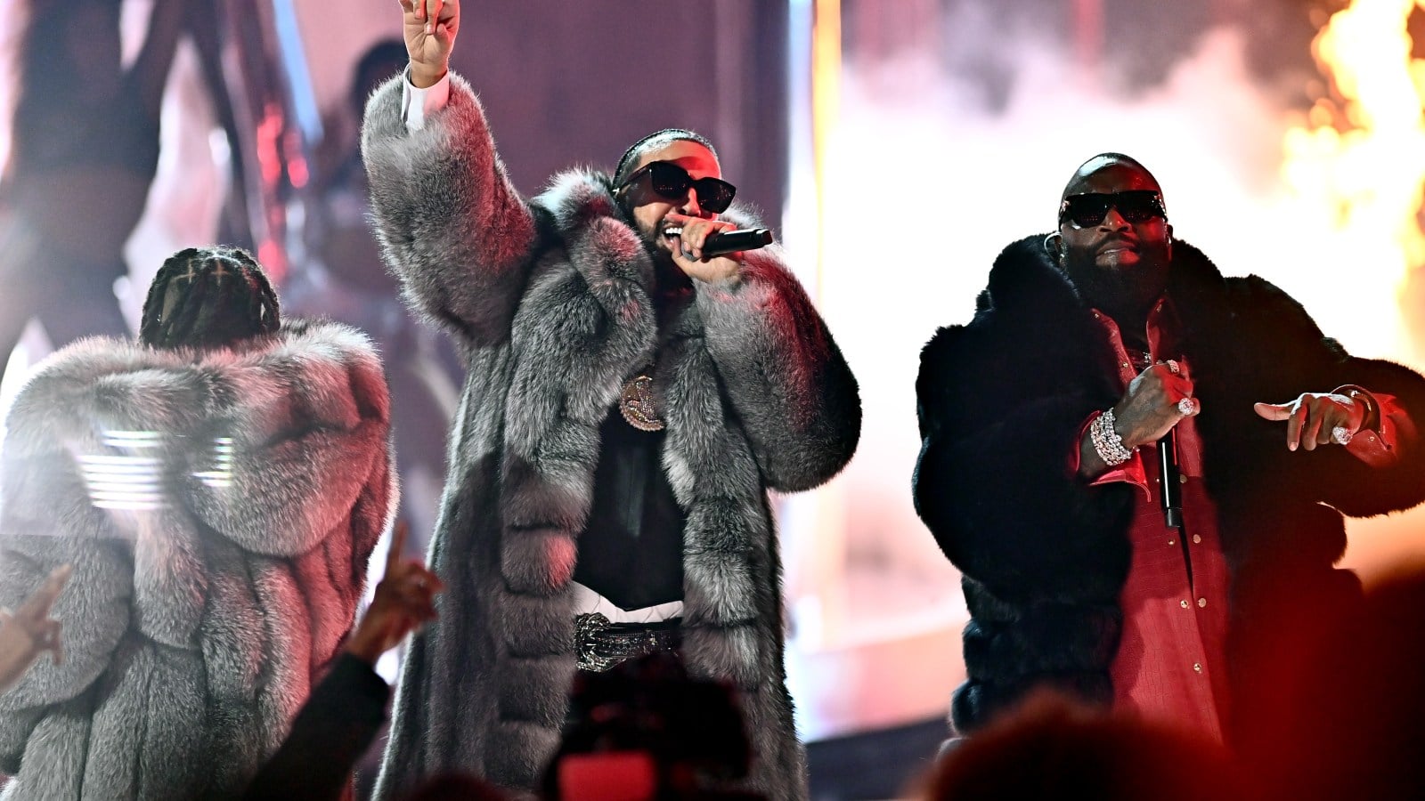 LOS ANGELES, CALIFORNIA - JUNE 28: (L-R) Max B, French Montana, and Rick Ross perform onstage during the BET Awards 2026 at Peacock Theater on June 28, 2026 in Los Angeles, California. (Photo by Paras Griffin/Getty Images for BET)