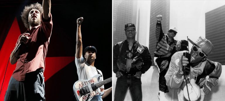 Rage Against The Machine and Public Enemy raise their fists