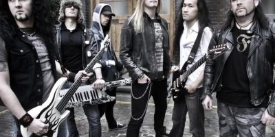 UK power metal band Dragonforce, from left - Frédéric Leclercq, Vadim Pruzhanov, Sam Totman, Marc Hudson, Herman Li, Gee Anzalone