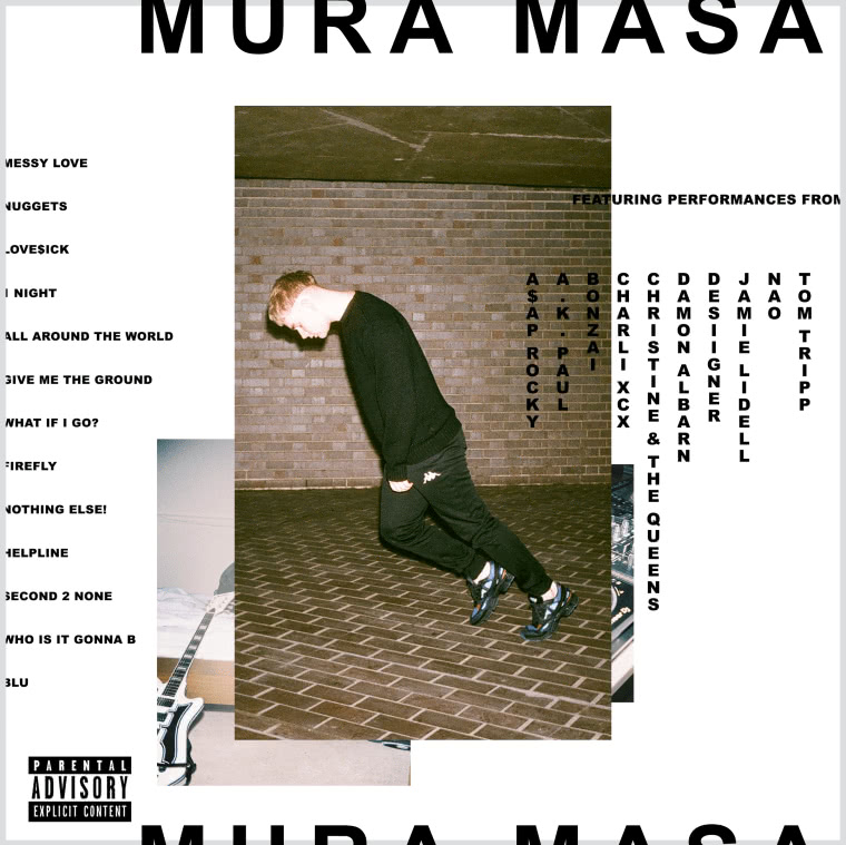 Album cover for 'Mura Masa' by Mura Masa, who appears in mid-fall. The track-listing and special guests on the album are written down both sides.