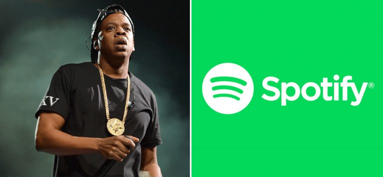 2 panel image of Jay Z and the Spotify logo