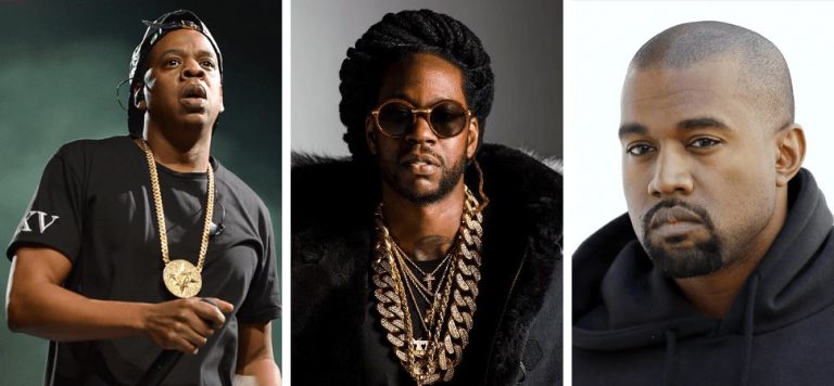 3 panel image of Jay-Z, 2 Chainz, and Kanye West