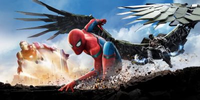 Promotional image for 2017 Marvel feature Spider-Man: Homecoming, featuring Spider-Man, Iron Man and Vulture landing dramatically.
