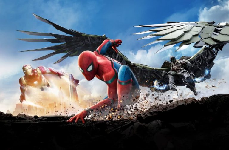 Promotional image for 2017 Marvel feature Spider-Man: Homecoming, featuring Spider-Man, Iron Man and Vulture landing dramatically.