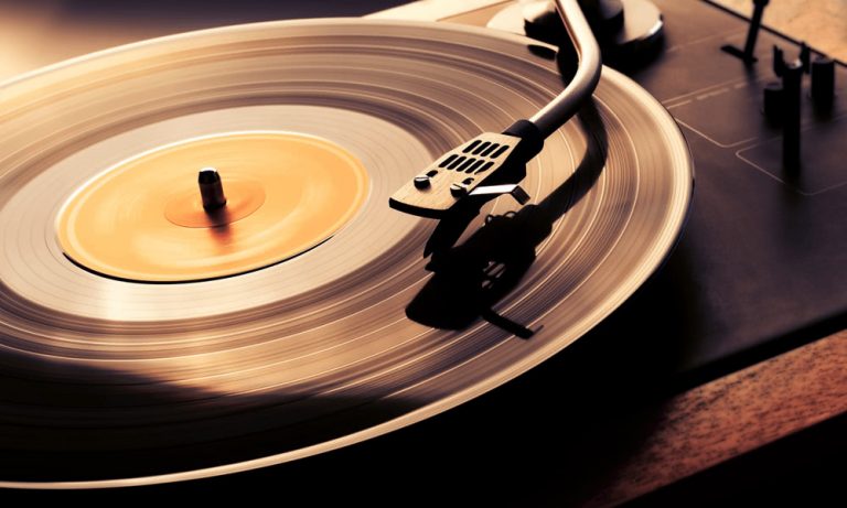 A vinyl record on a turntable