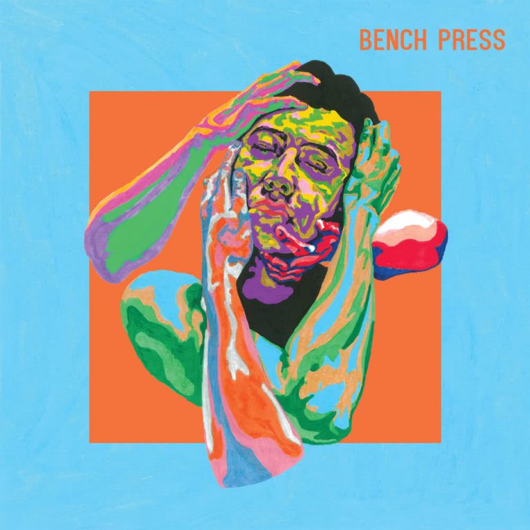 The cover of Bench Press' self-titled debut, featuring a technicolour man whose face is grasped by four arms.