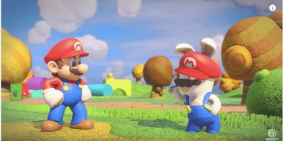 A still from Mario + Rabbids Kingdom Battle, featuring the famous red plumber and his Rabbid doppelganger