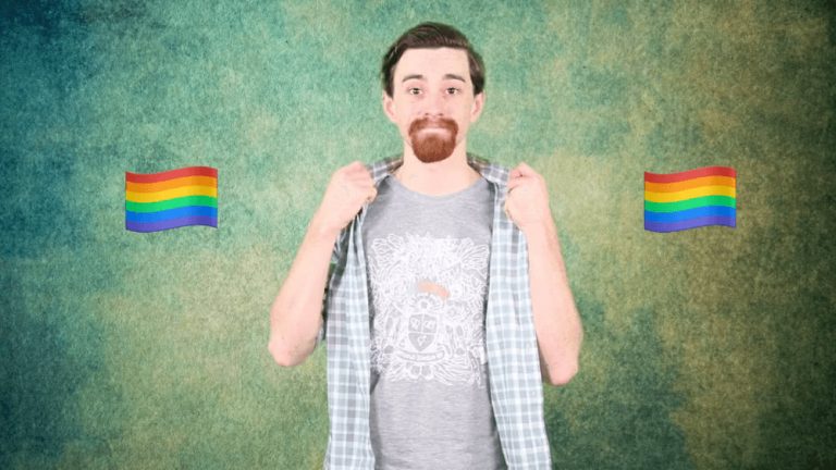 David Molloy displays his 'Not Margaret Court' Sigur Rós t-shirt flanked by rainbow flags