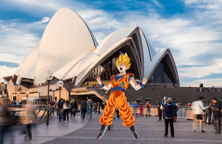 Image of the Sydney Opera House with Dragon Ball Z's Goku in the foreground