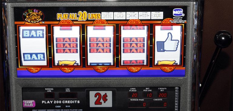 A slot machine with a Facebook 'like' symbol