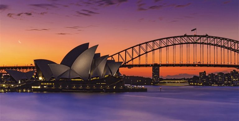 An image of Sydney Harbour, showing the Opera House and Harbour Bridge