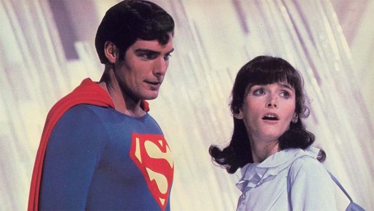 Margot Kidder as Lois Lane alongside Christopher Reeve as Superman