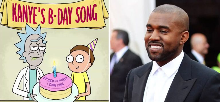 2 panel image of 'Rick And Morty' and Kanye West