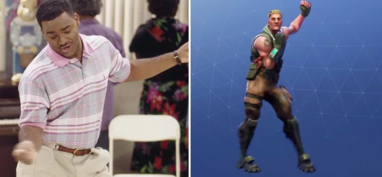2 panel image of Alfonso Ribeiro in 'The Fresh Prince of Bel-Air' and a Fortnite character