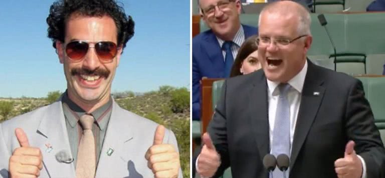 2 panel image of Sacha Baron Cohen's Borat and Australian Prime Minister Scott Morrison