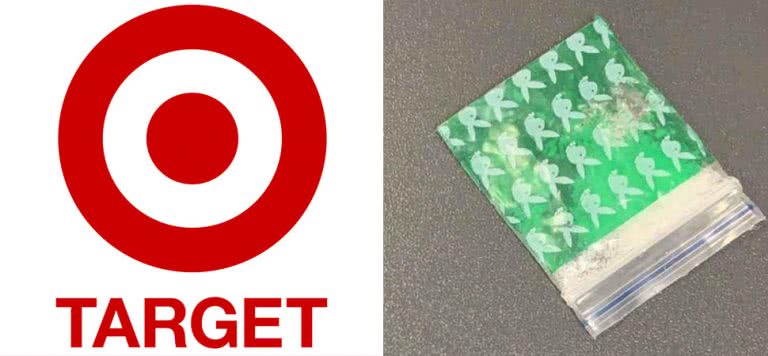 2 panel image of the logo for Target, and an image of meth found in a coat purchased from a Melbourne Target location.