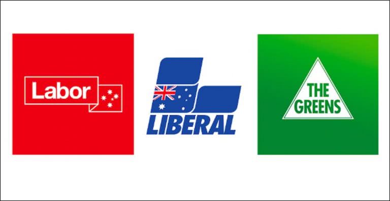 The logos of The Australian Labor Party, Liberal National Party and The Greens
