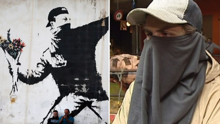 Image of an artwork by Banksy and a man claiming to be the artist