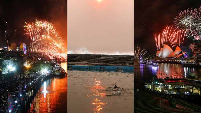 Image of the Sydney Harbour New Year's Eve fireworks celebrations juxtaposed with a person swimming in a sea side pool