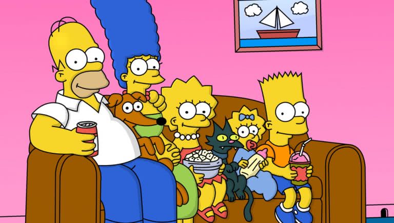 Screenshot from The Simpsons where they're sitting on the famed sofa.