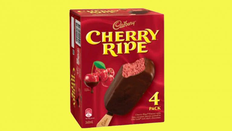 Cherry Ripe in ice cream form on a yellow background.