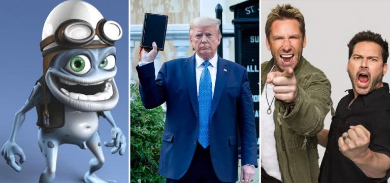 202 Triple image of Crazy Frog, Donald Trump, and Nickelback