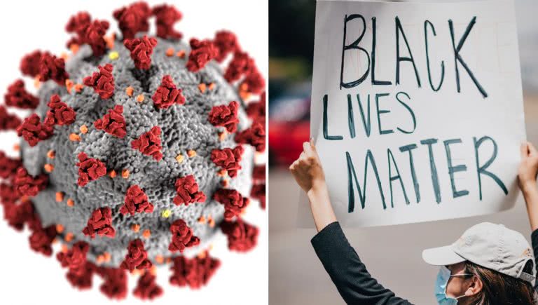 Double image of the COVID-19 virus and a Black Lives Matter protestor