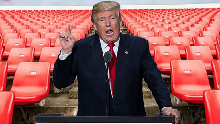 Image of Donald Trump speaking at an empty stadium