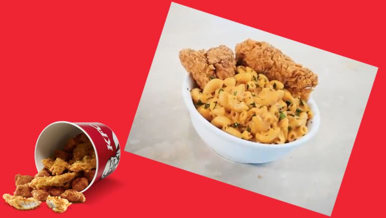 KFC custom image with Mac 'n' Cheese and chicken bucket.