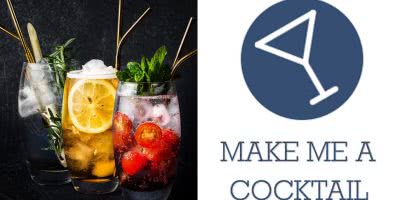 Split image of cocktails and Make Me A Cocktail logo