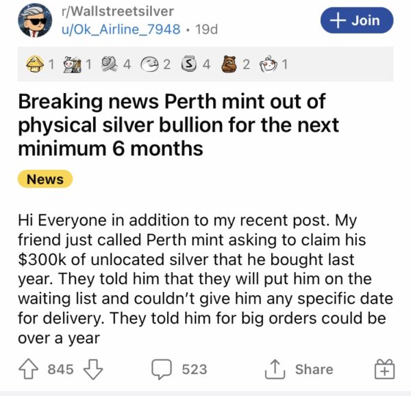 Post about Perth Mint being out of silver