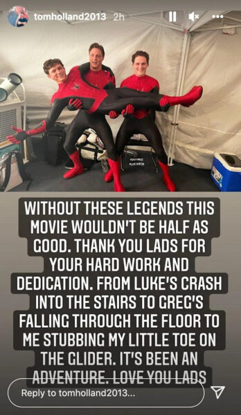 Tom Holland posts about his Spiderman stunt doubles