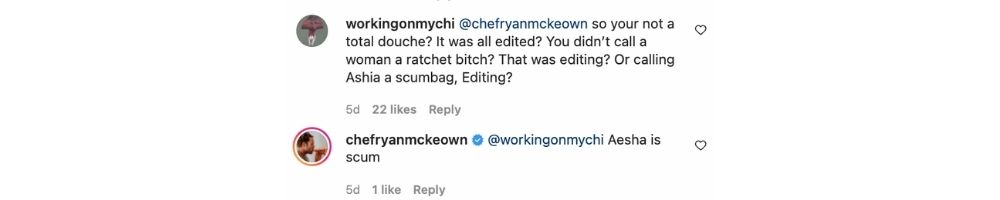 Ryan's insta comment to Aesha