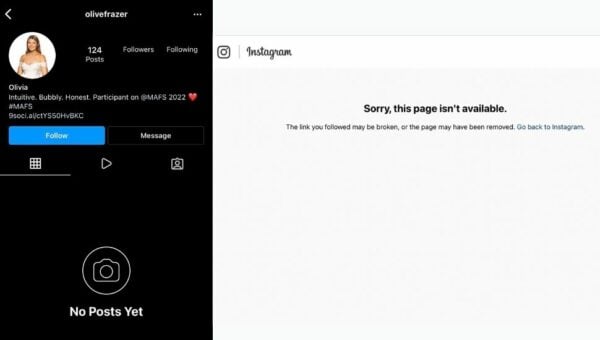 MAFS Olivia has deleted her instagram account